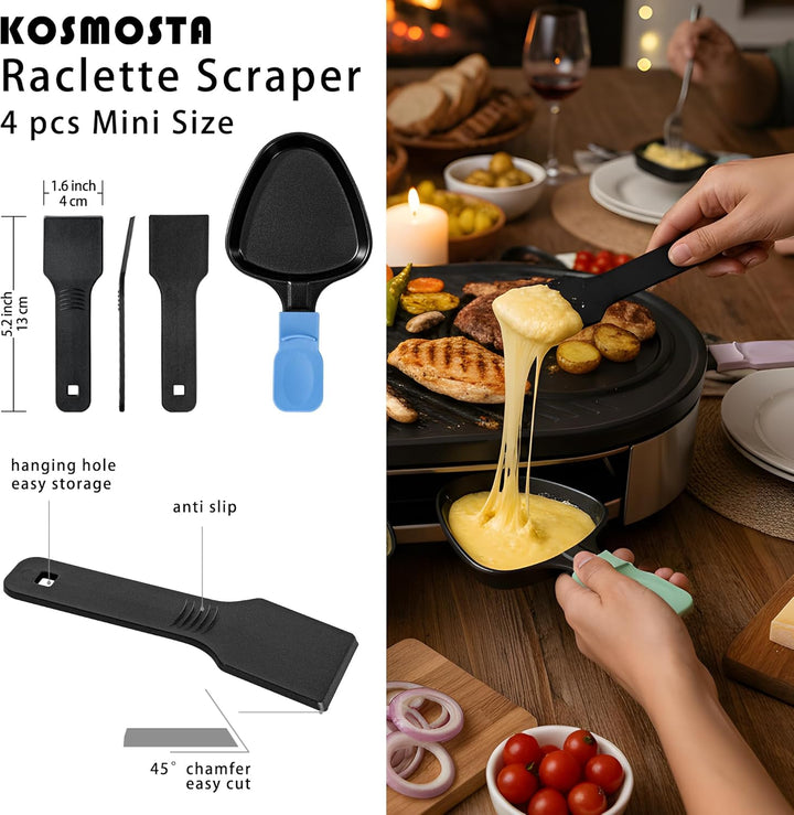 Raclette Pfännchen Ersatz-Set, 4er-Set dreieckige Antihaft-Pfannen mit farbcodierten Griffen in Eisc