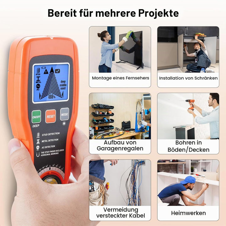 7-in-1 Leitungssuchgerät Leitungssucher Wandscanner mit 3 Holz-Modi, Metall,AC,Wasserwaage + Nail Fi