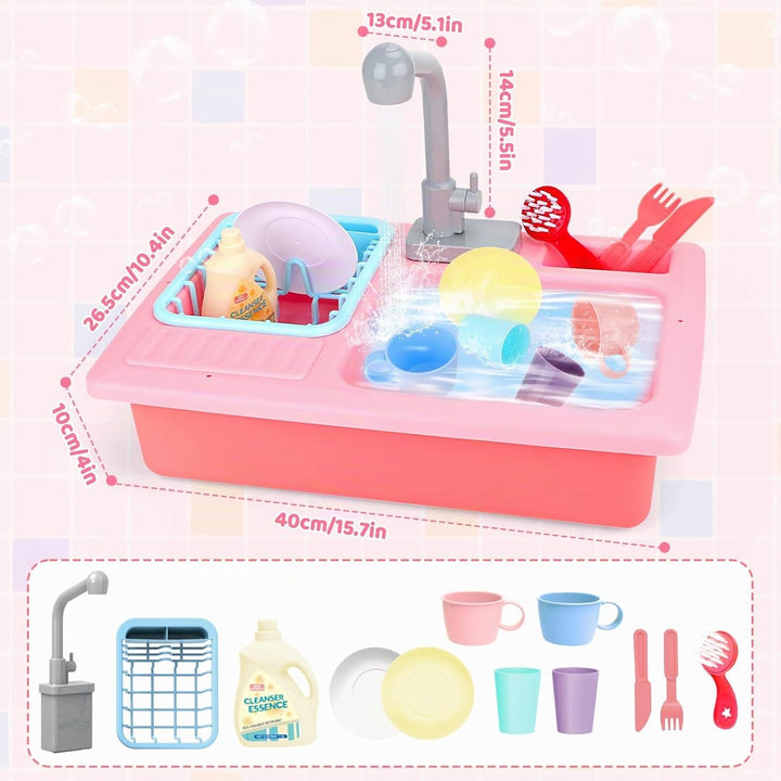 deAO Kinderspielset Pretend Kitchen Sink mit simuliertem Wasserhahn und enthaltenem Küchenzubehör -