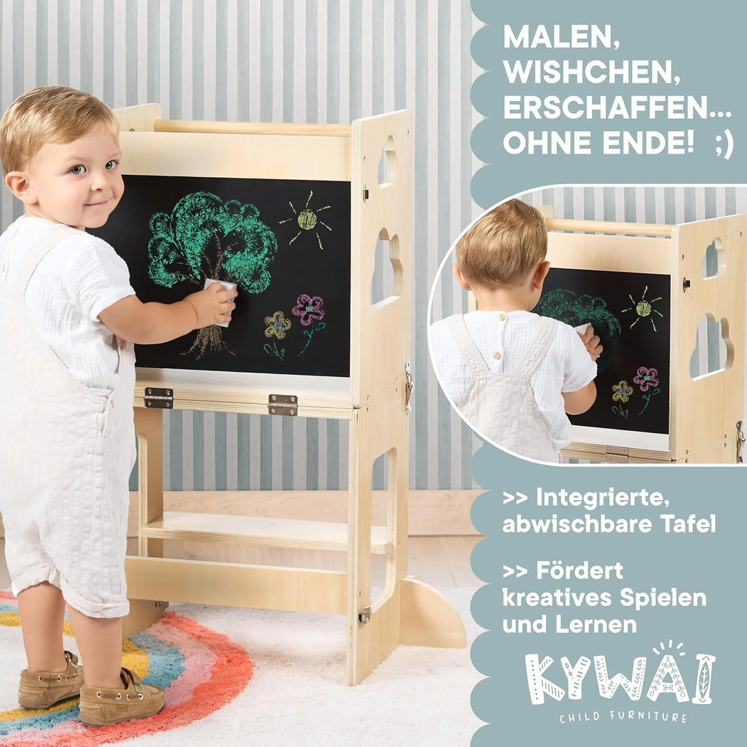 Lernturm ab 1 Jahr klappbar – Lernturm klappbar 3 in 1 Premium: wandelbar zum Schreibtisch mit Tafel