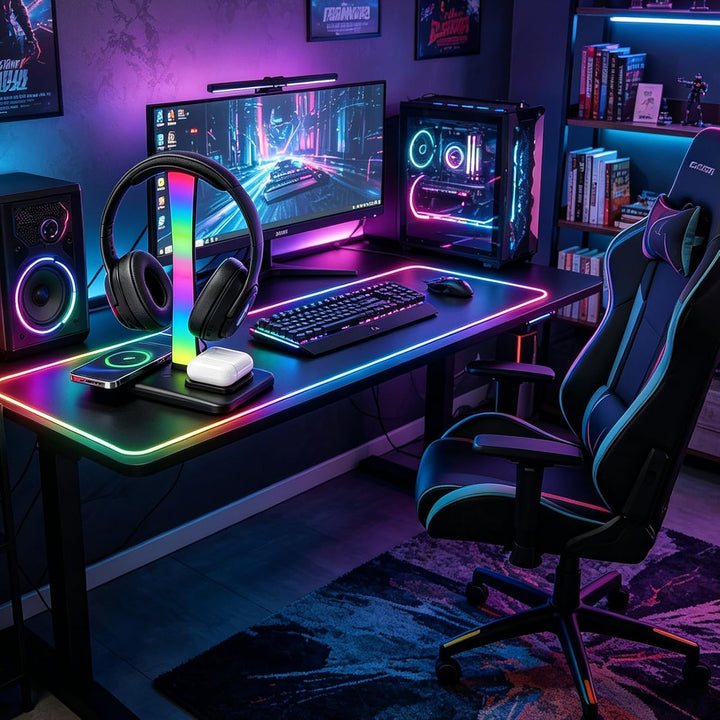 3 in 1 RGB Gaming Kopfhörer Ständer, Headset Halterung mit 15W Wireless Ladegerät, Wireless Charge K