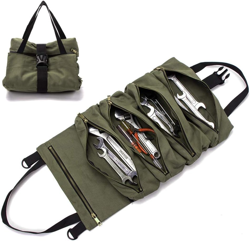 Super Roll Tool Roll,Multi-Purpose Roll Up Tool Bag, Wrench Roll,Canvas Tool Organizer Bucket,Car Fi