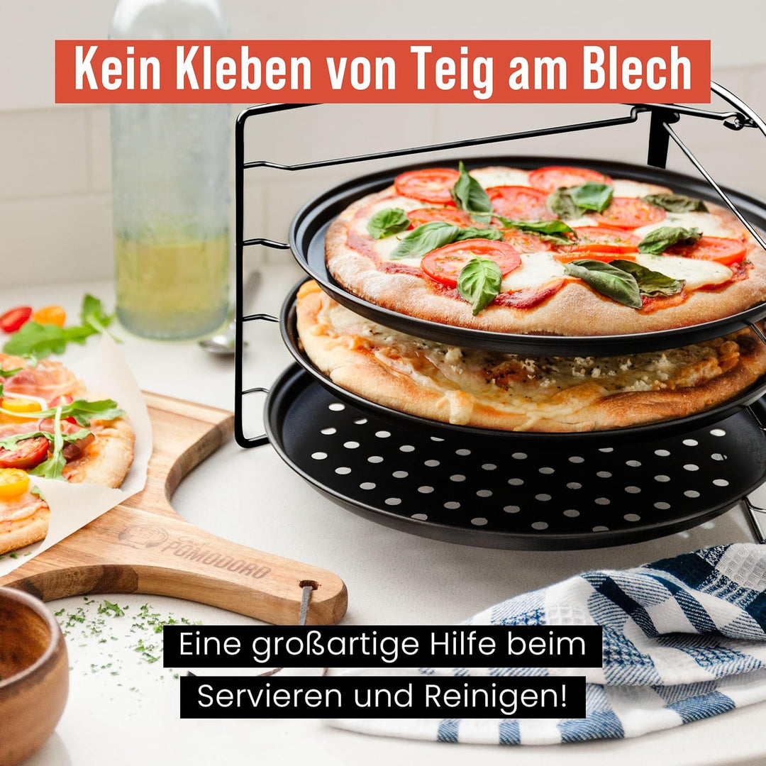 Chef Pomodoro Pizzablech – Pizzablech Rund – Pizza Blech – 3er Set - antihaft gelochte Pizzapfanne a