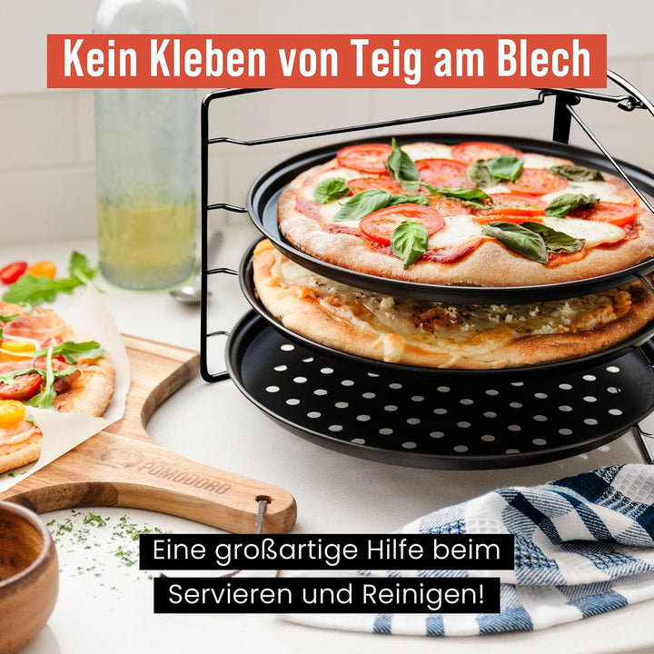 Chef Pomodoro Pizzablech – Pizzablech Rund – Pizza Blech – 3er Set - antihaft gelochte Pizzapfanne a