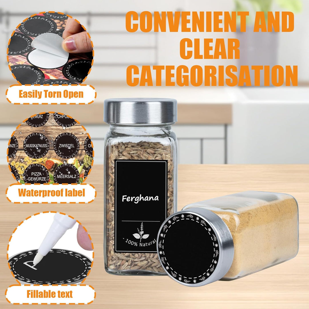 Verdego Gewürzgläser Eckig (12x 120ml), Gewürzdosen mit Edelstahldeckel, Trichter, Etiketten und Sti