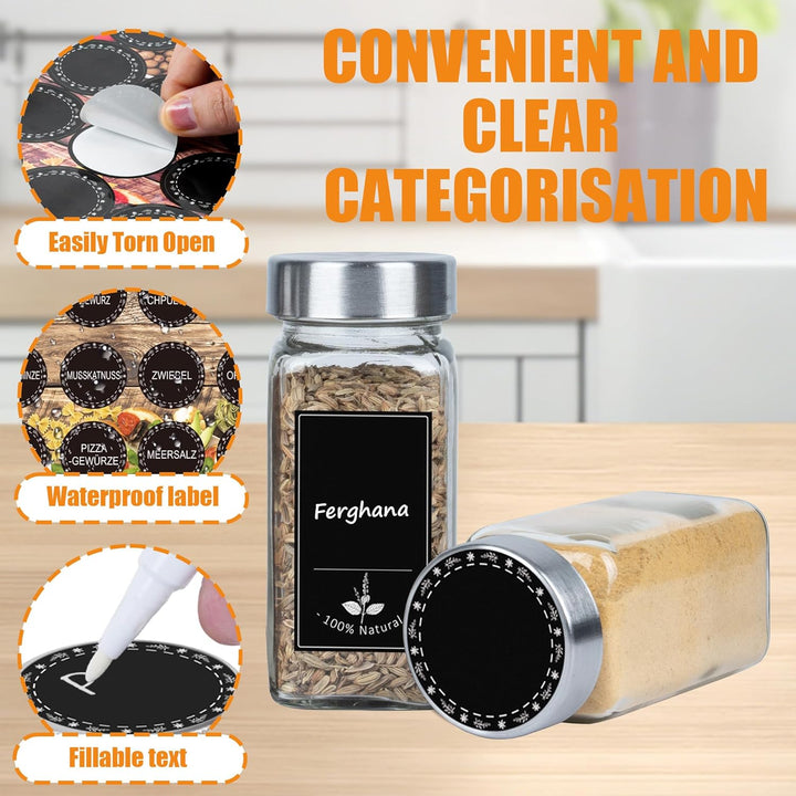 Verdego Gewürzgläser Eckig (12x 120ml), Gewürzdosen mit Edelstahldeckel, Trichter, Etiketten und Sti