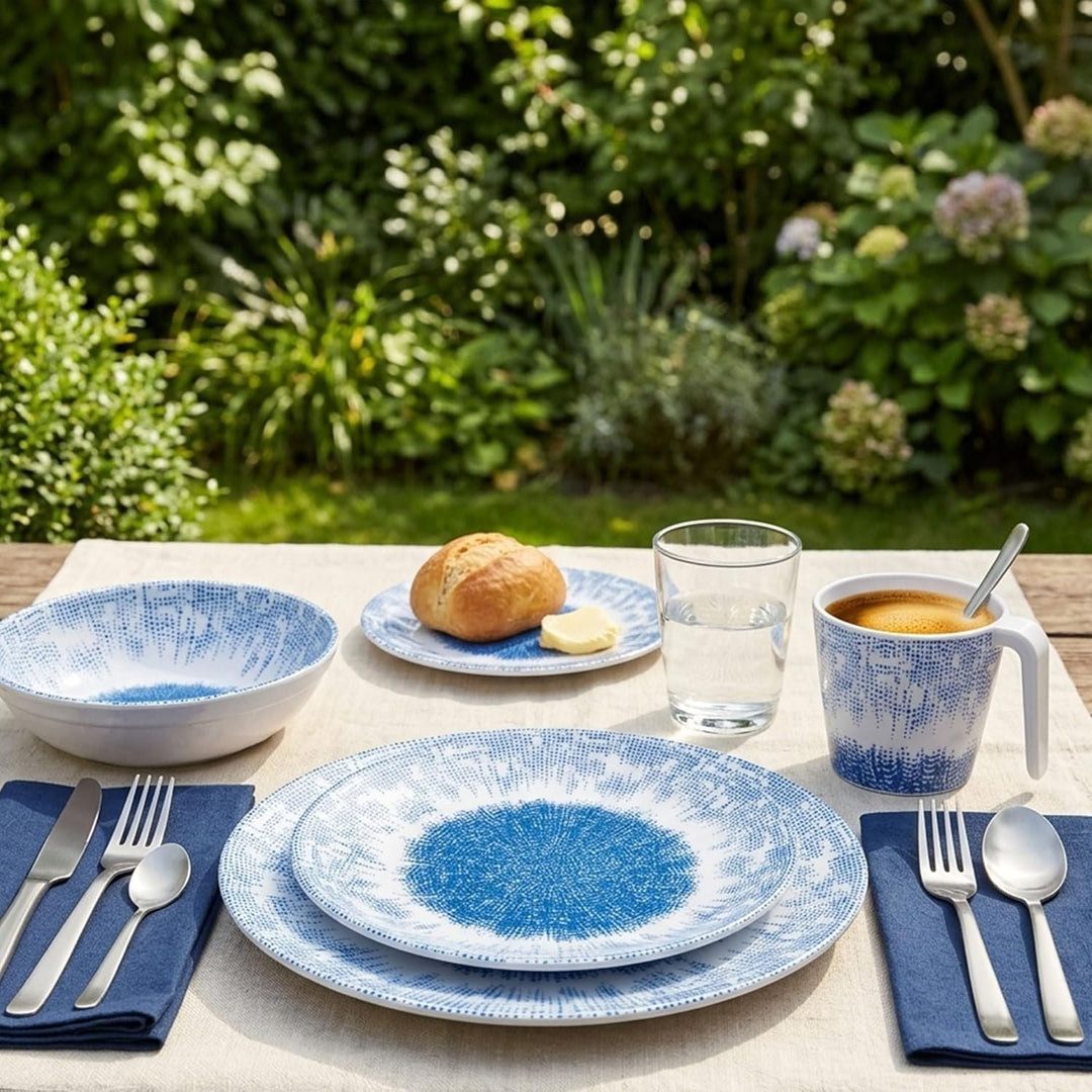 Melamin Geschirr Set Wish Flower Blau 6 Personen Wohnwagen Camping Picknick 24 Teile - mit Tassen, 2