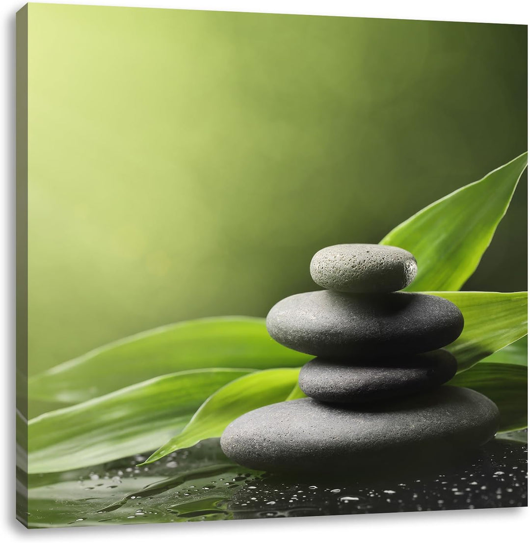 Zen Steine mit Blättern, Format: 70x70 auf Leinwand, XXL riesige Bilder fertig gerahmt mit Keilrahme