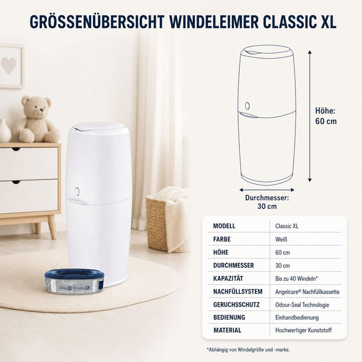 Angelcare Windeleimer Classic XL | komfortabel | Nachfüllkassette mit optimalen Geruchsschutz | 7-sc