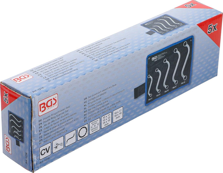 BGS 1216 | Doppel-Ringschlüssel-Satz | 5-tlg. | S-Form | SW 10 x 11 - 18 x 19 mm | inkl. Tetron-Roll
