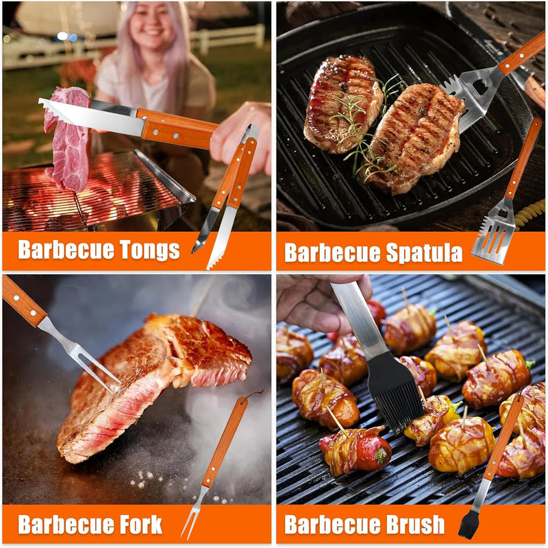 CAREDGO 4-teilig Grillbesteck Set Barbecue Tool aus Holz und Edelstahl Grillzange Grillgabel Grillbü