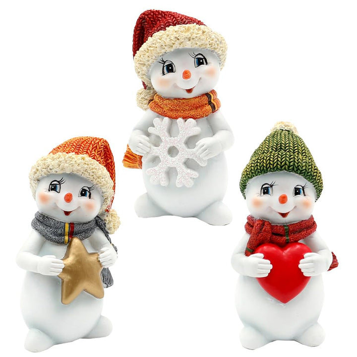 Dekohelden24 Schneekinder - Schneemänner als 3er Set mit Mütze und Schal in rot, grün und orange, st