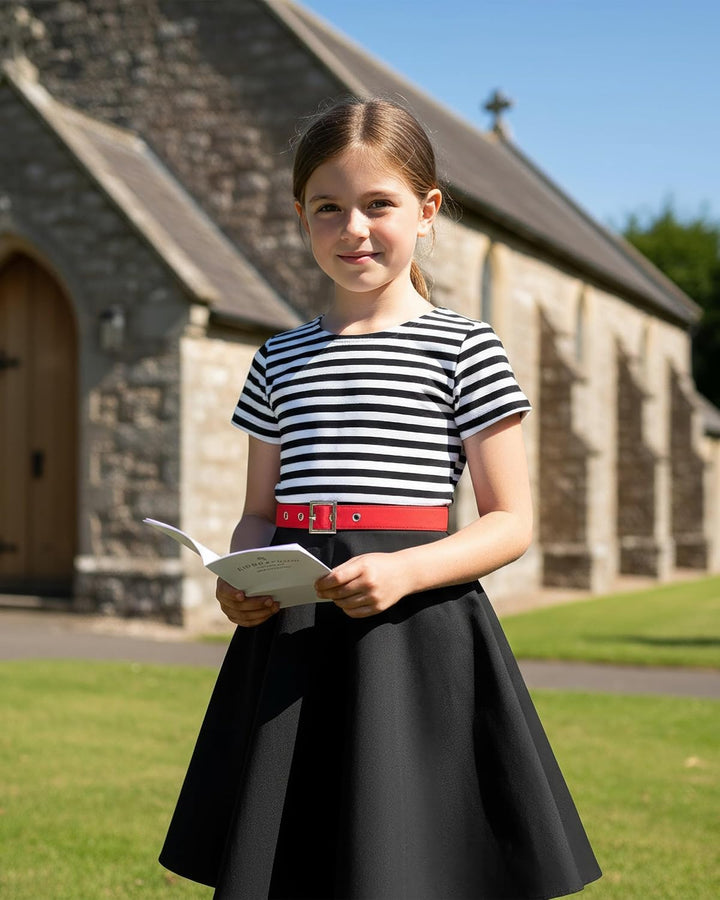 BlackButterfly Kinder 'Maria' Vintage Gestreift Mädchen Kleid im 50er-Jahre-Stil 3-4 Jahre Schwarz,
