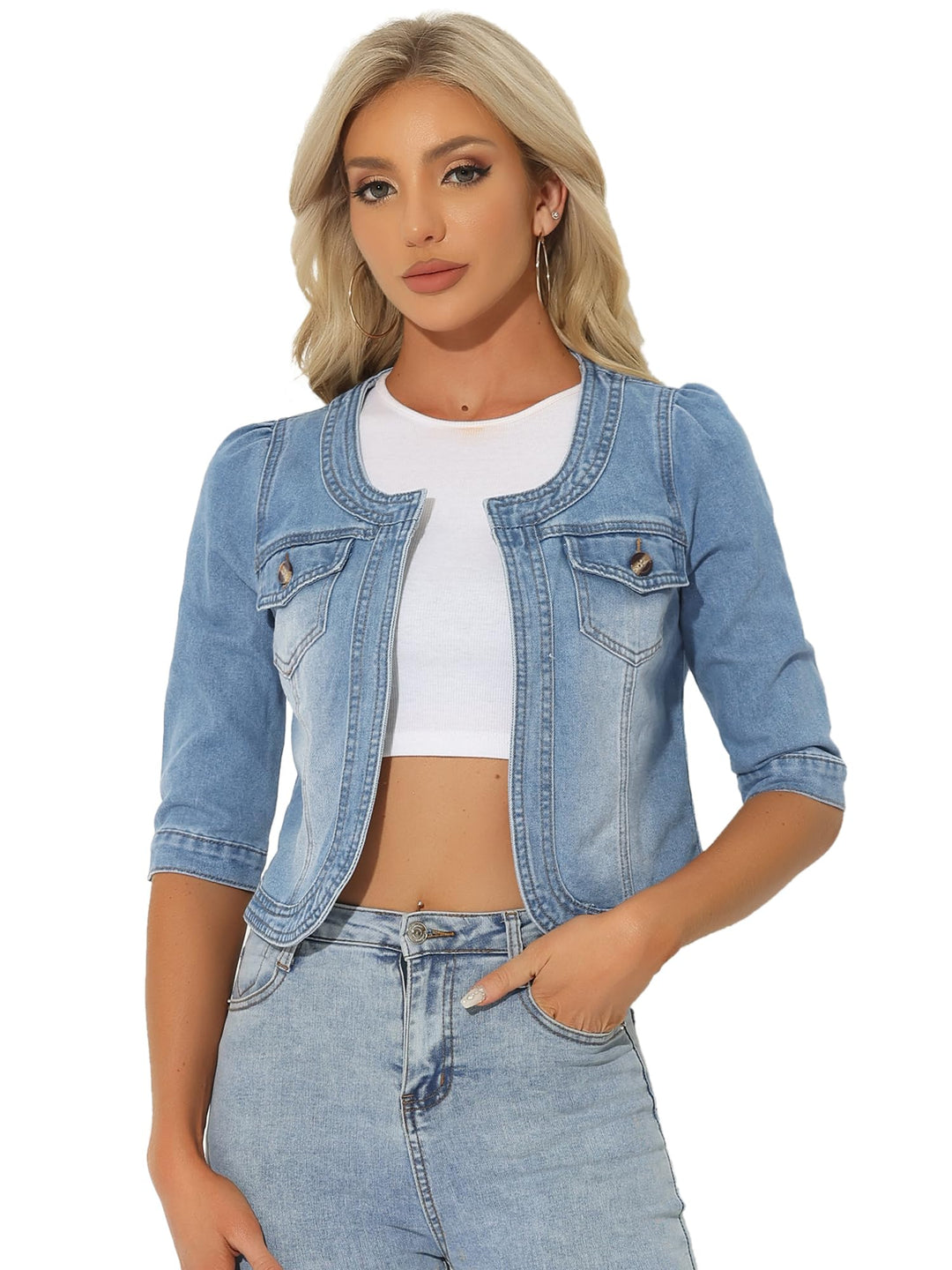 Allegra K Damen Jeansjacke 3/4 Ärmel Open Front Kragenlos Jacke mit Taschen L Hellblau, L Hellblau