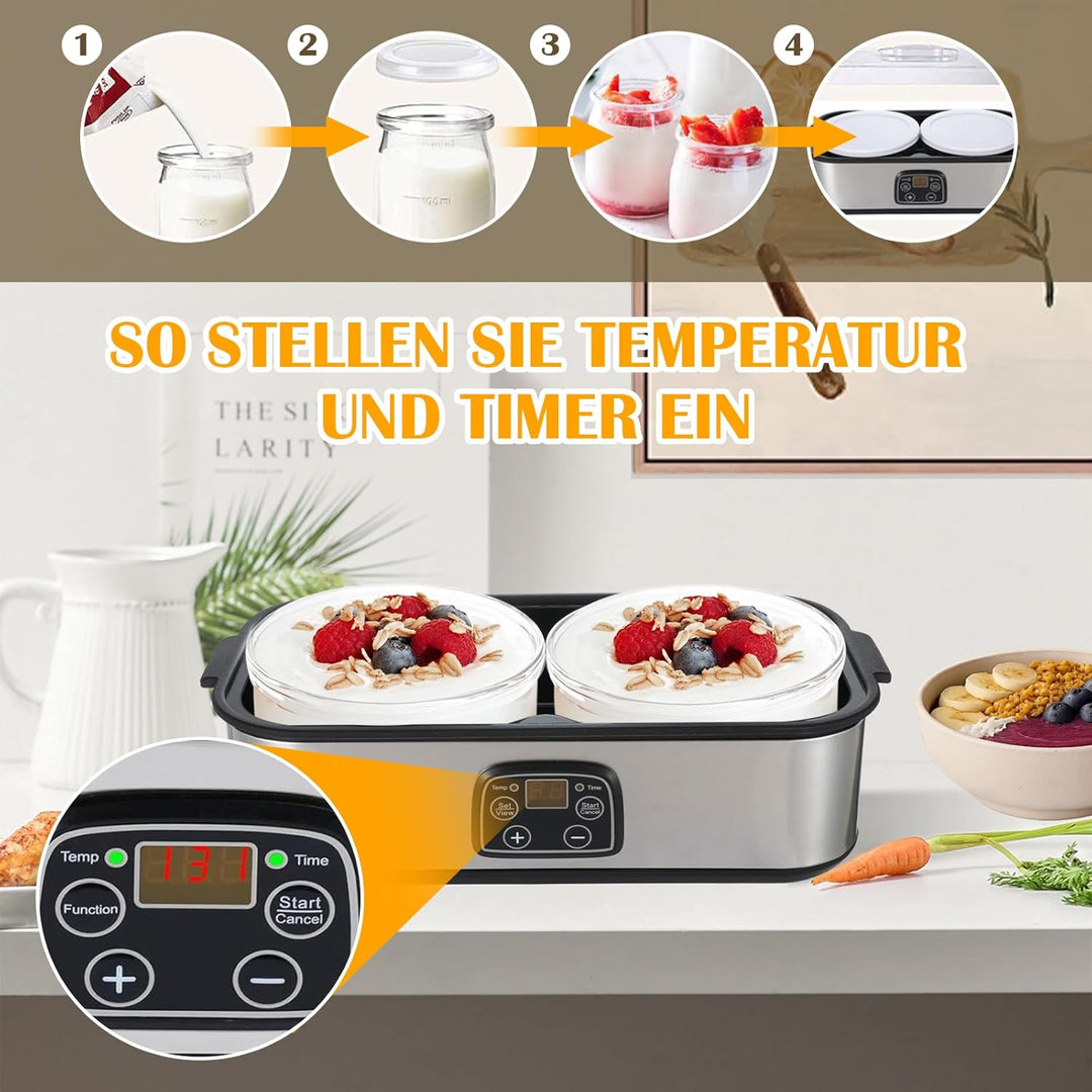 Joghurtbereiter, 2L Automatischer Digitaler Joghurtmaschine mit 2 Gläsern, Joghurtmacher mit Timer u
