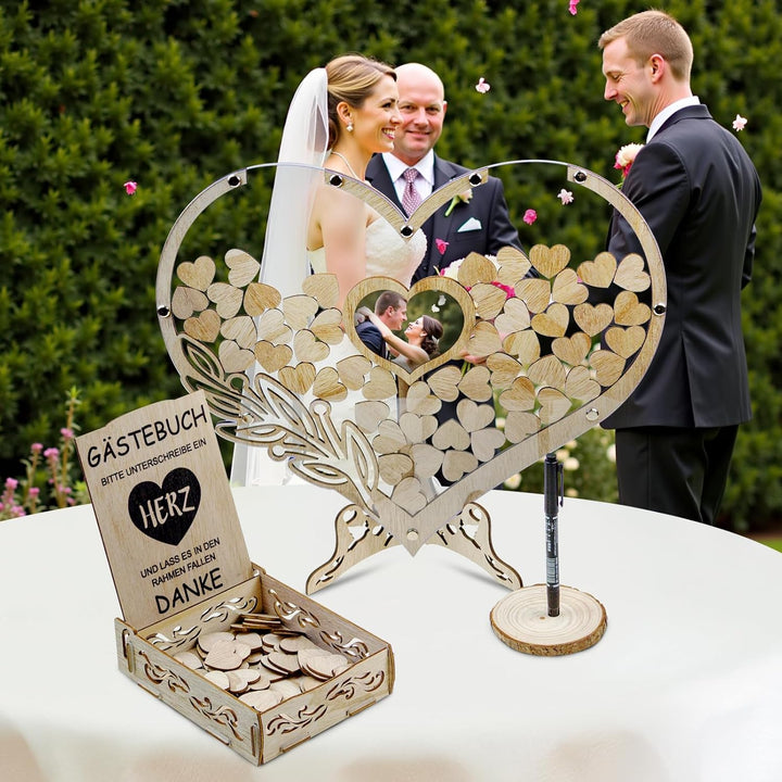 Gästebuch Hochzeit Holz,Gästebuch Hochzeit,Hochzeitsgästebuch mit 100 Holzherzen für Hochzeitsfeiern