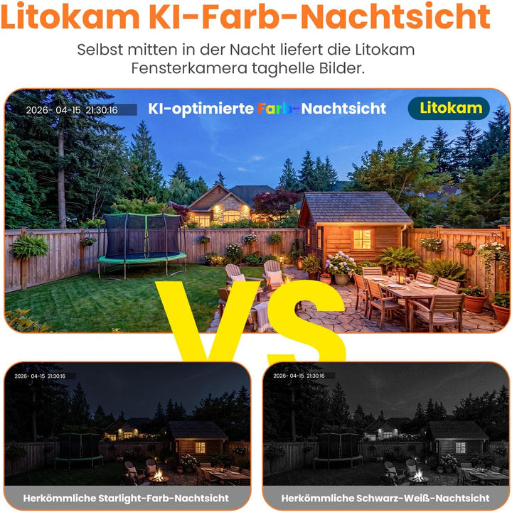 litokam Fensterkamera 2,4 GHz &amp; 5 GHz Dual-Band, 3MP 2K Überwachungskamera Innen mit KI-Farbnachtsic