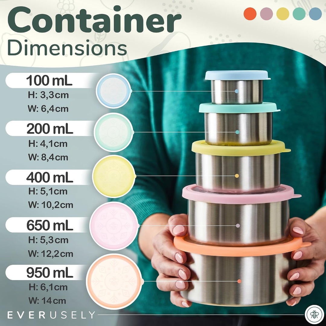 Everusely – Brotdose aus rostfreiem Stahl, auslaufsicher, mit Deckel – 5er-Set, Sorbet-Kollektion –