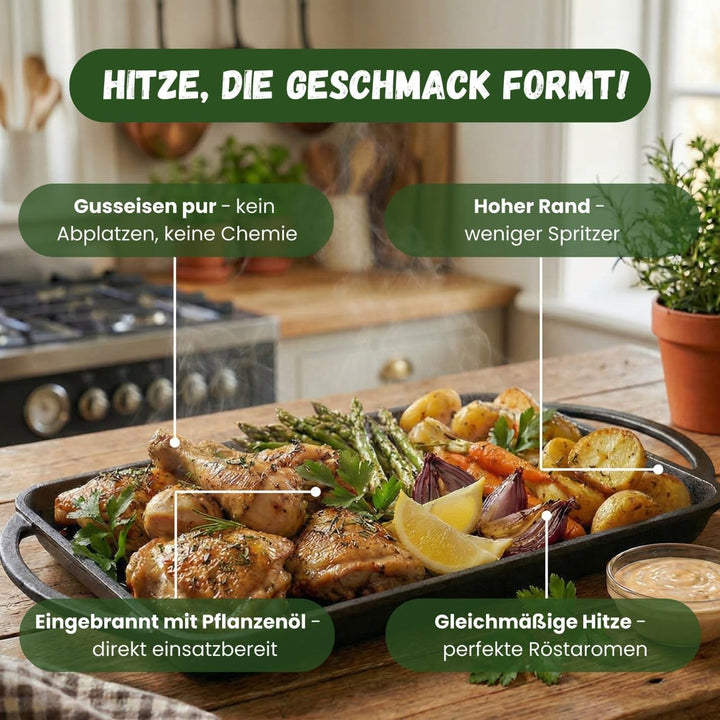 Grillplatte aus Gusseisen inkl. Silikonmatte - geeignet für Induktion, Gas, Ceran, Backofen, Grill u