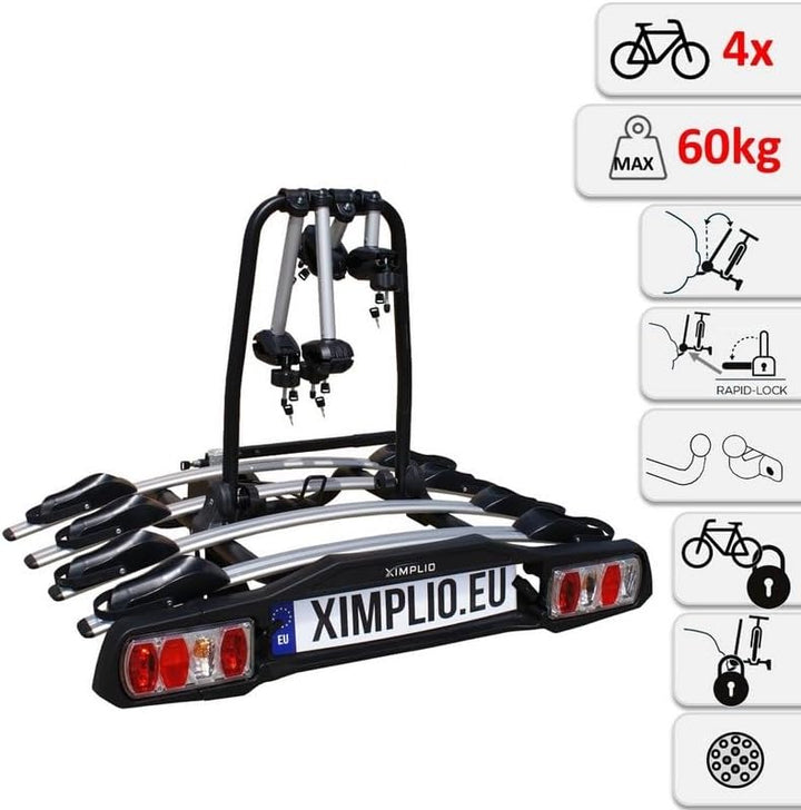 Fahrradträger für 4 Räder für Anhängerkupplung AHK - abklappbar Kupplungsträger mit Schnellkupplung