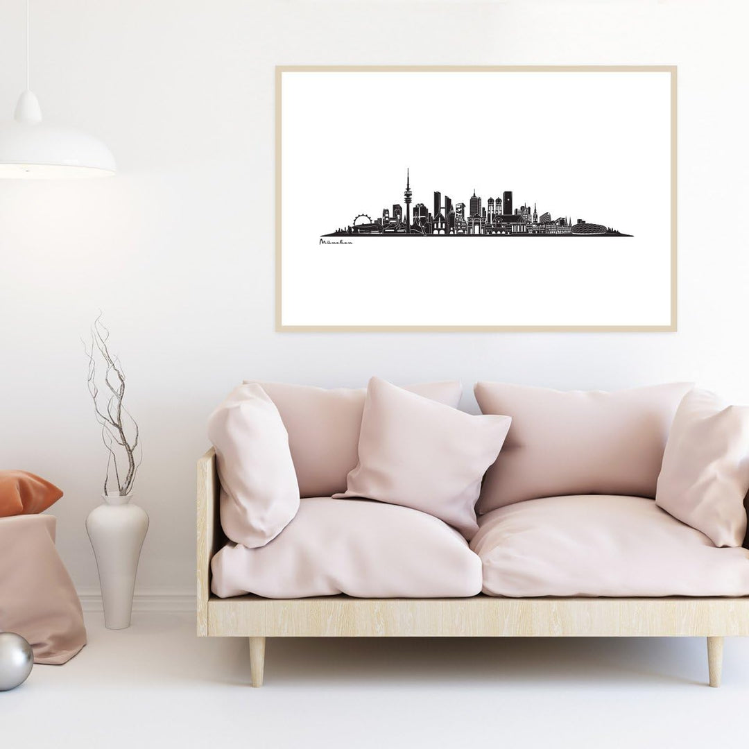 JUNIWORDS Poster mit/ohne Holzrahmen, Wähle ein Motiv, Skyline München, Wähle eine Grösse, 30 x 40 c