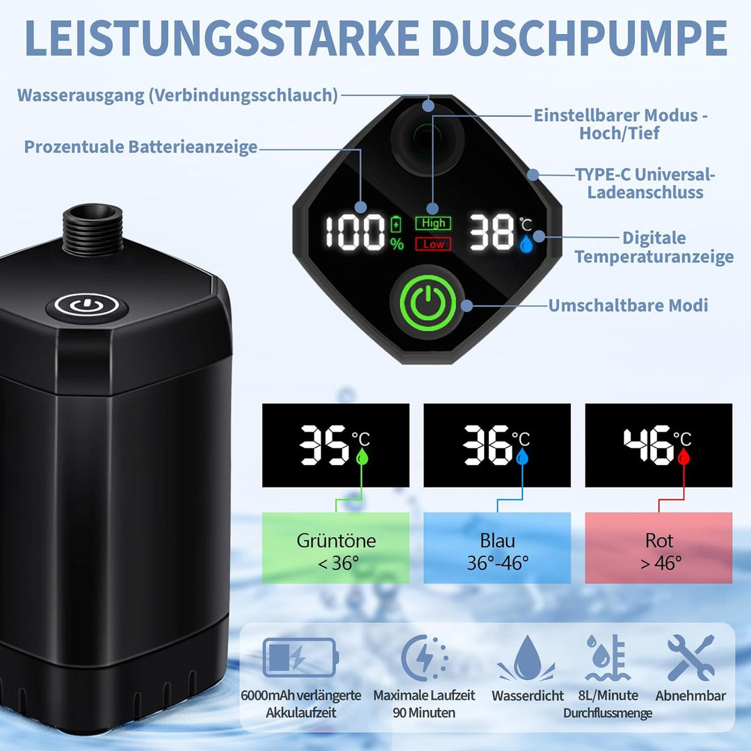 YOOHBERRYS Filterbar Tragbare Campingdusche, 6000 mAh Camping Dusche Outdoor Mobile Dusche mit Tempe