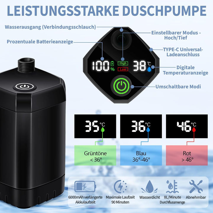 YOOHBERRYS Filterbar Tragbare Campingdusche, 6000 mAh Camping Dusche Outdoor Mobile Dusche mit Tempe