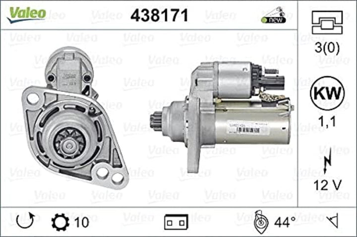 VALEO 438171 Starter Nennleistung: 1,1 kW Stop & Start: NO Zähnezahl: 10 zähne Spannung: 12 V Drehri