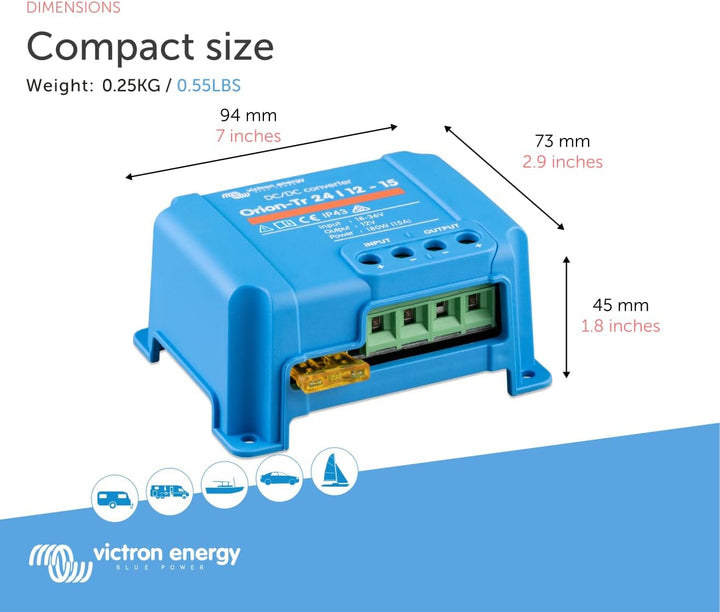 Victron Energy Orion-Tr IP43 24/12-Volt 15 Amp 180-Watt DC/DC Konverter, Nicht isoliert 24/12-Volt,