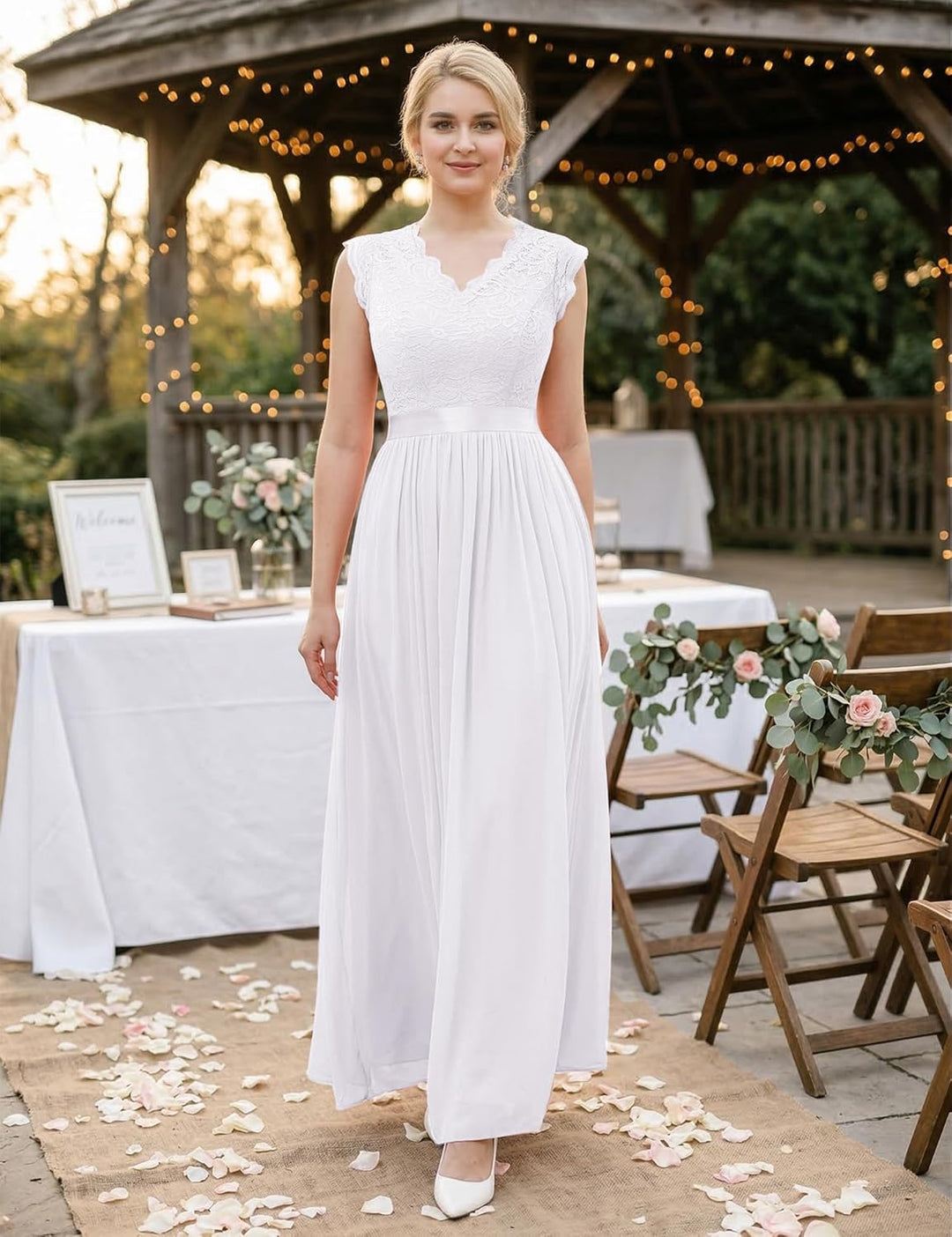Dressystar Damen Abendkleid Lang Elegant für Hochzeit Spitze Chiffon Maxi Ballkleider Flügelärmel Co