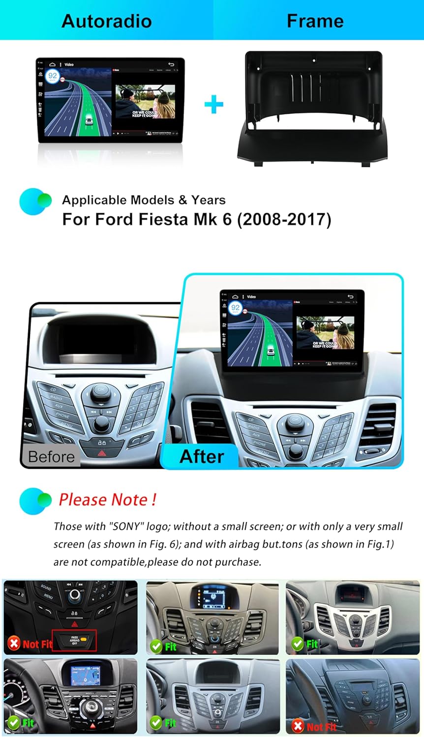 BXLIYER 9 Zoll Autoradio für Ford Fiesta (2008-2019) GPS Navigation - Wireless CarPlay Android Auto