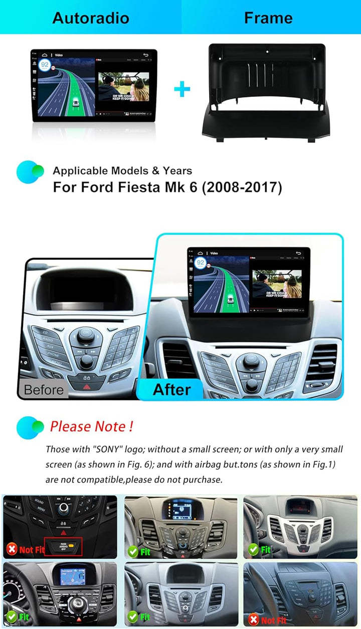 BXLIYER 9 Zoll Autoradio für Ford Fiesta (2008-2019) GPS Navigation - Wireless CarPlay Android Auto