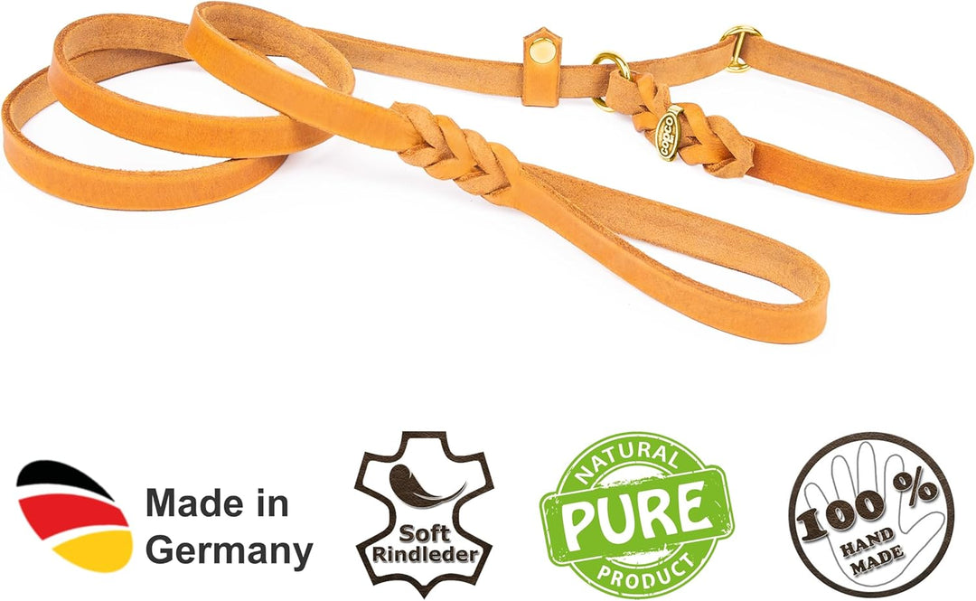 CopcoPet Retrieverleine mit Zugstopp für kleine Hunde – 1,20m x 10mm Moxonleine in Cognac – Fettlede