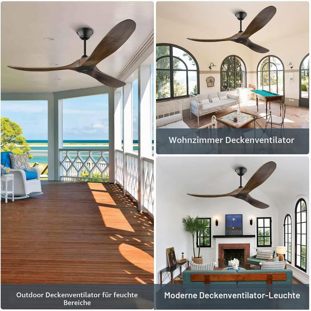 Deckenventilator ohne Beleuchtung mit Fernbedienung, 152cm Holz Retro Deckenventilator, Reversibler