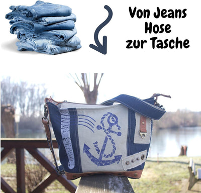Sunsa Damen Tasche Umhängetasche. kleine Canvas Bag mit Recycelte Jeans und Leder. Vintage Design Ta