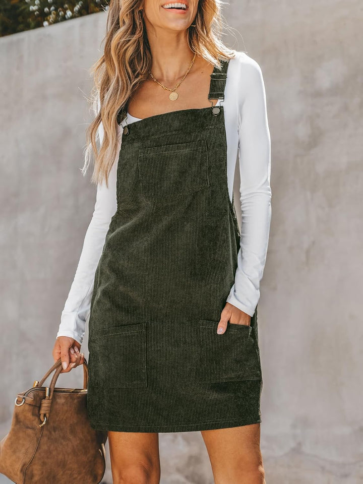 CUPSHE Damen Latzrock Quadratischer Ausschnitt Hosenträger Taschen Cord Latzkleid Overallkleid Freiz