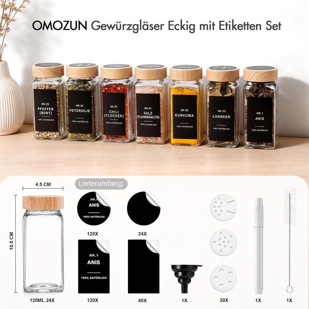 Gewürzgläser eckig mit Holzmaserung Deckel Set 24er : 120 ml Gewürzdosen Glas mit Etiketten &amp; Streue