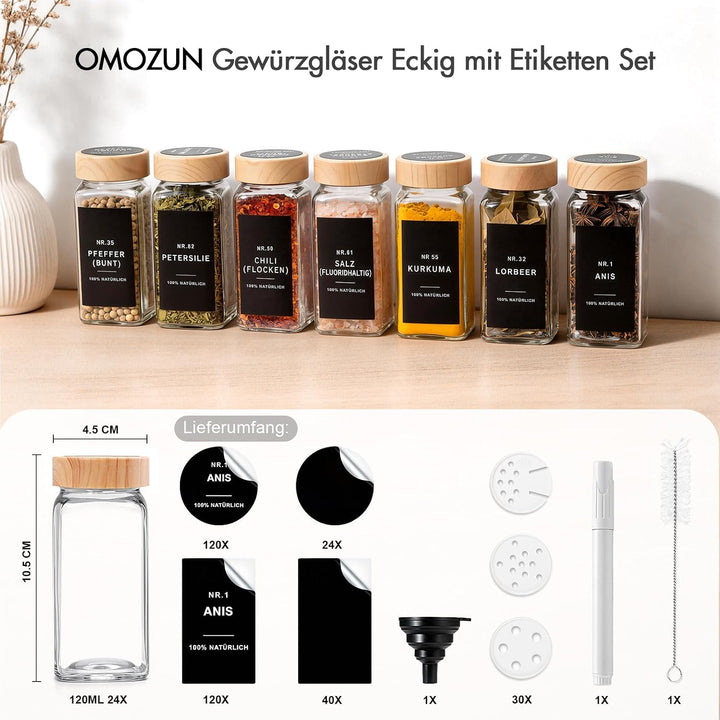 Gewürzgläser eckig mit Holzmaserung Deckel Set 24er : 120 ml Gewürzdosen Glas mit Etiketten &amp; Streue