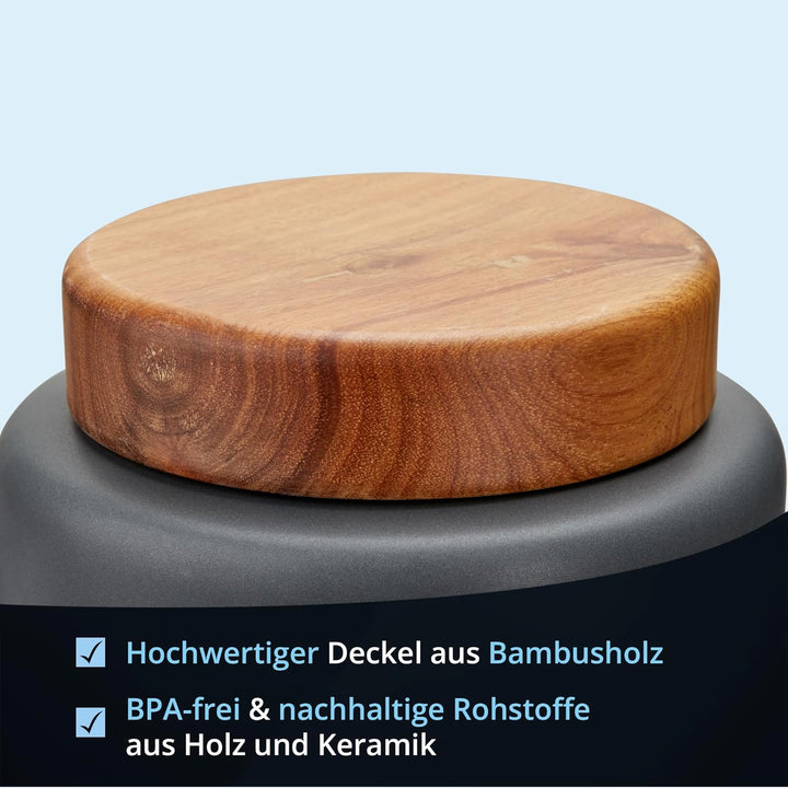 KHG Kartoffel Aufbewahrung, Keramik Steingut poliert, Anthrazit Grau mit Holz-Deckel, 4kg Kartoffeln