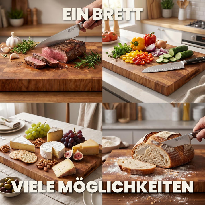 Premium Stirnholz Schneidebrett Eiche 50 x 30 x 4 cm schont die Messerklingen und sorgt für maximale