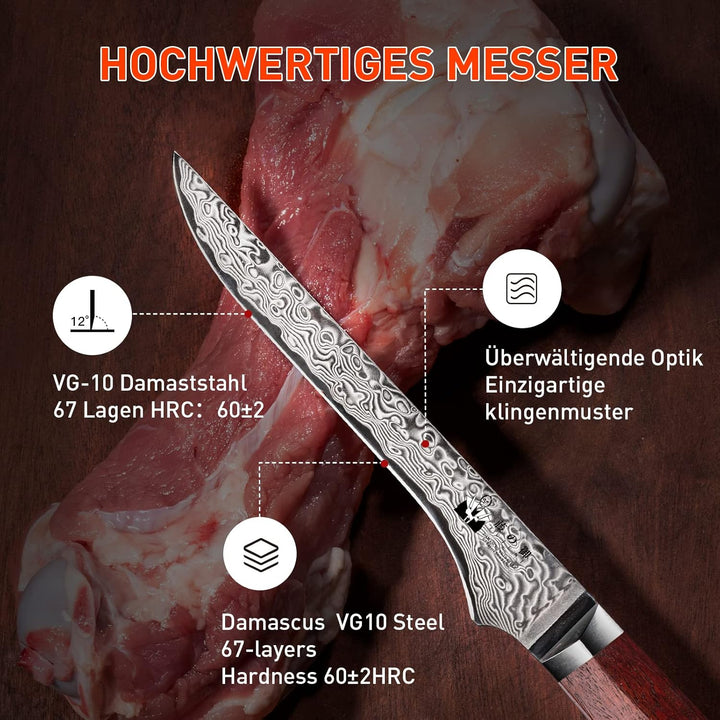 FUJUNI Ausbeinmesser Mit Extrem Scharf 14cm Klinge Aus 67 Lagen Vg-10 Damaststahl Messer, Holzgriff,