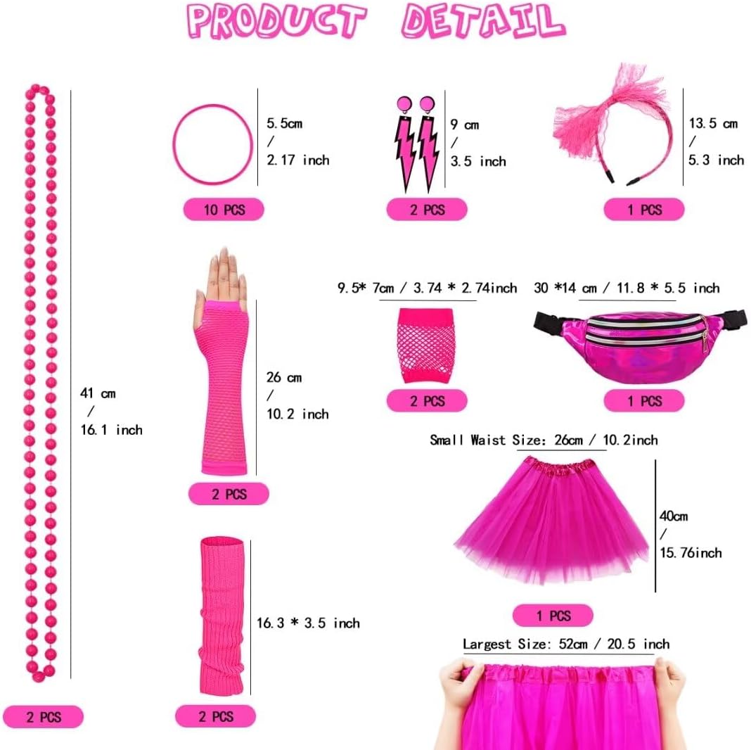 80er Jahre Outfit Damen Set, T-Shirt, Tutu, Gürteltasche, Stirnband, Ohrring, Halskette, Netzhandsch