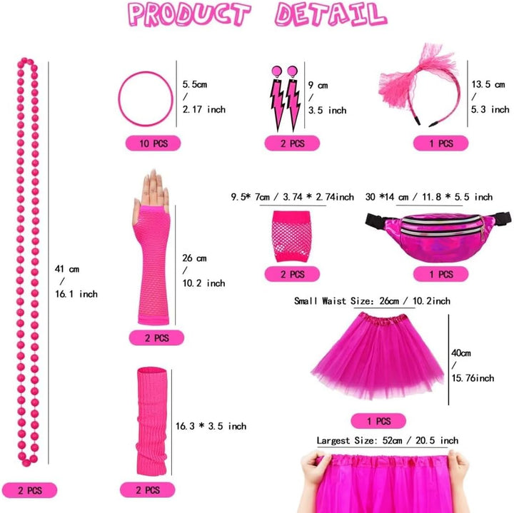80er Jahre Outfit Damen Set, T-Shirt, Tutu, Gürteltasche, Stirnband, Ohrring, Halskette, Netzhandsch