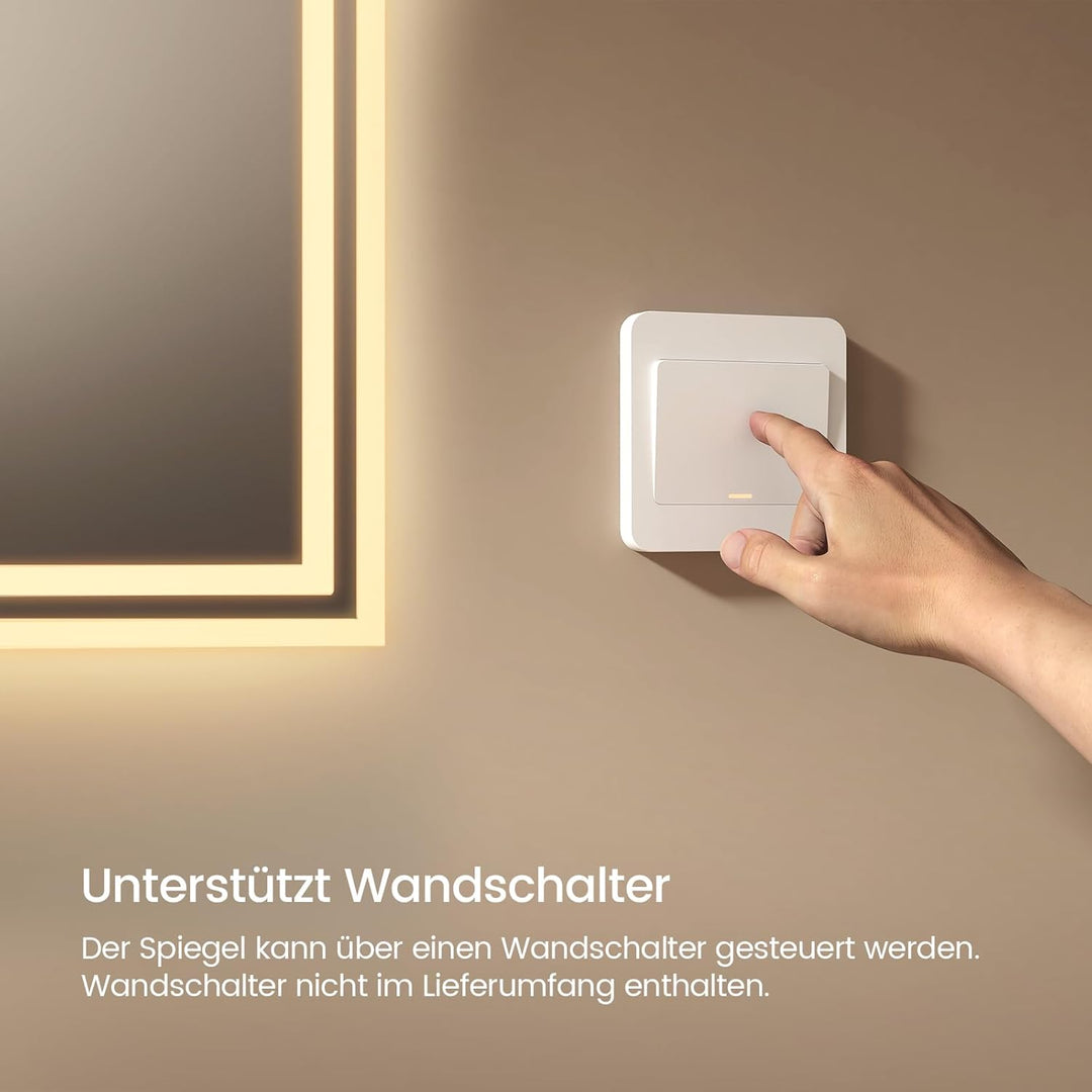 EMKE Badspiegel mit Beleuchtung 80x60cm, Badezimmerspiegel mit Warmweiss Licht 3000K, Wandschalter,