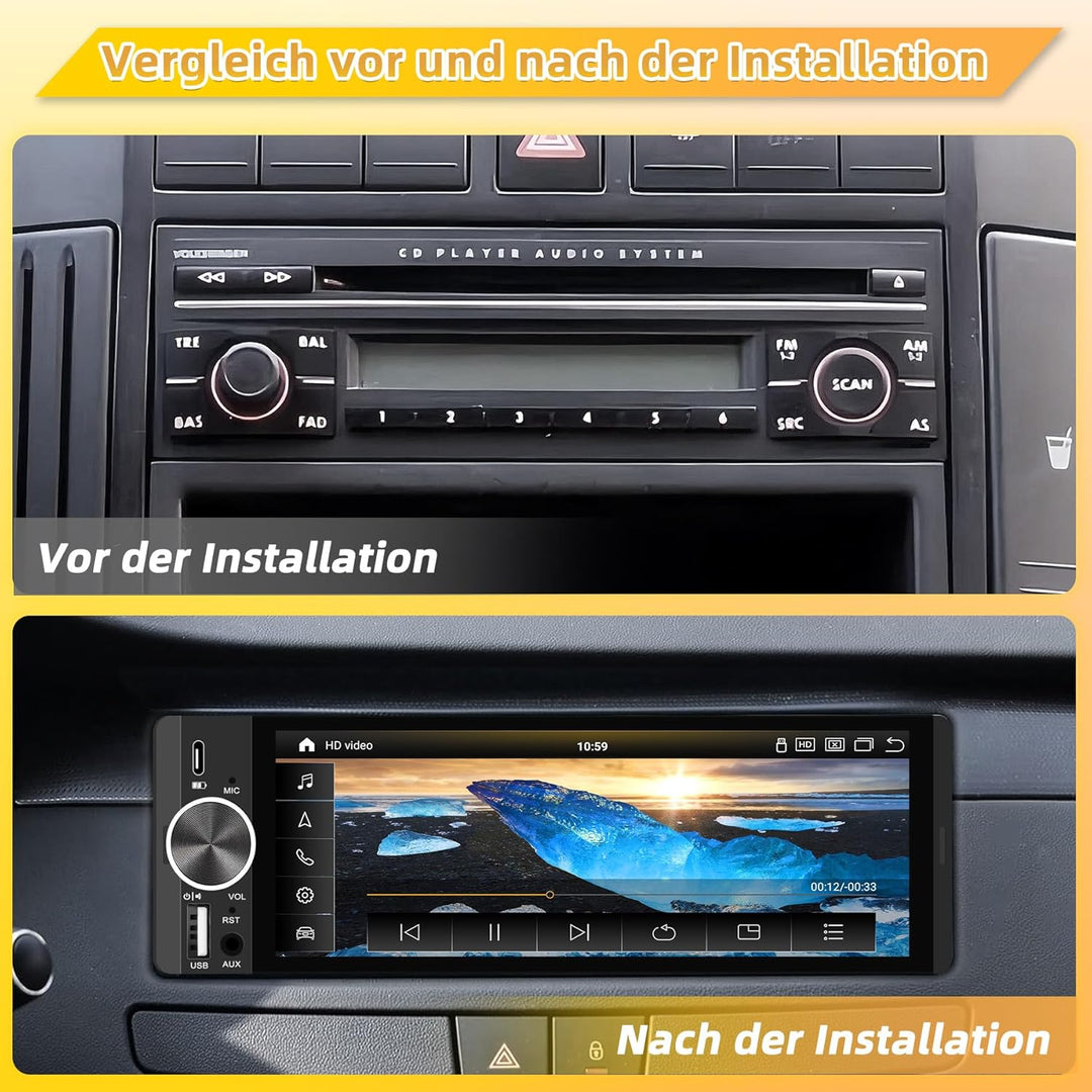 Autoradio mit Bildschirm, Single-DIN, Kabelloses CarPlay und Android Auto, 6,28-Zoll-Touchscreen mit