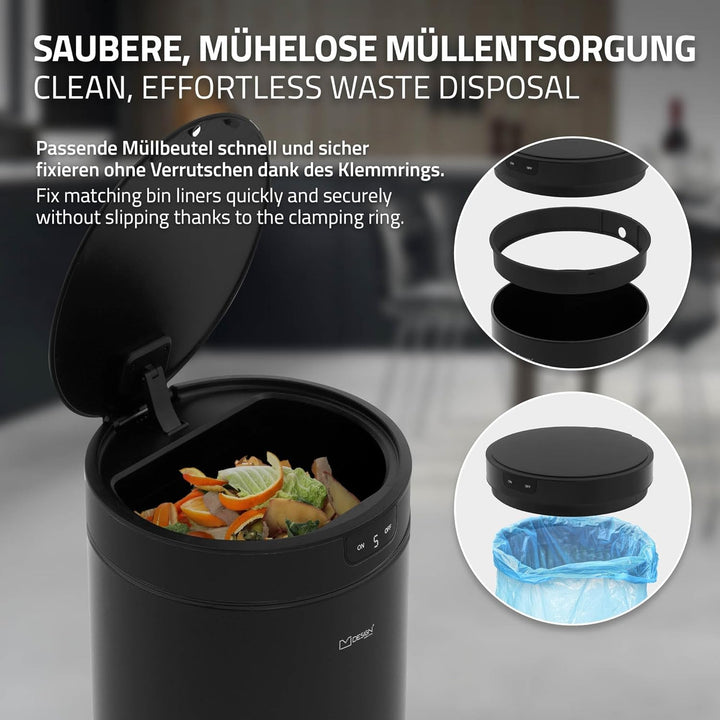 ML-Design Mülleimer mit Sensor 30L rund aus Stahl, Schwarz, Automatisches Öffnen und Schliessen, Abf