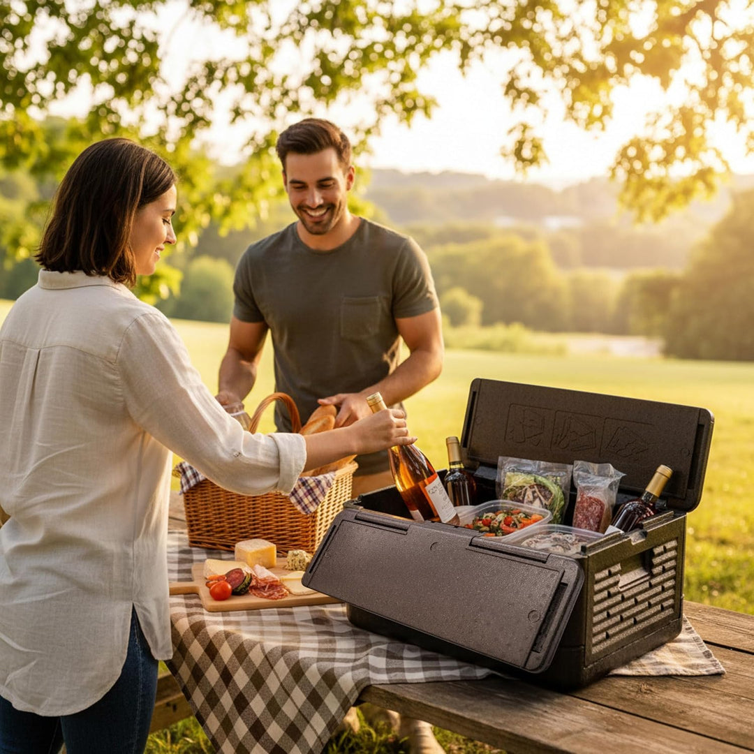 Thermobox gross faltbar schwarz zum Warmhalten und Kühlen - 42 L - Essen Warmhaltebox klappbar 60 x