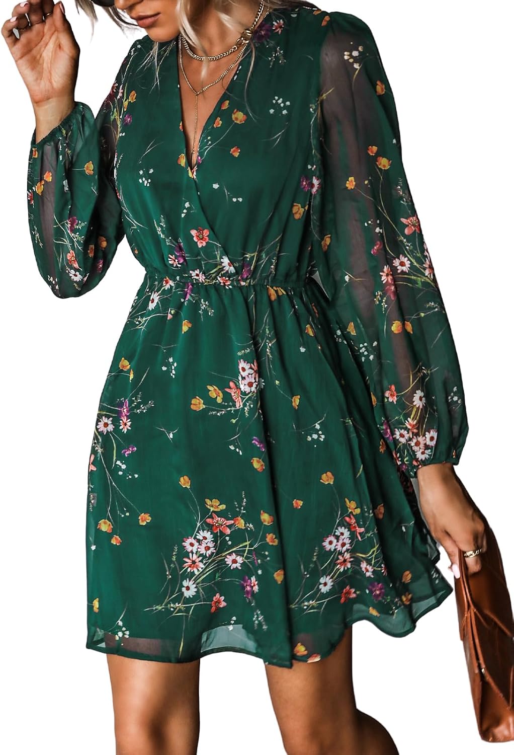 CUPSHE Damen Kleid V Ausschnitt Wickeloptik Transparente Lange Ärmel Blumenmuster Freizeitkleider Wr