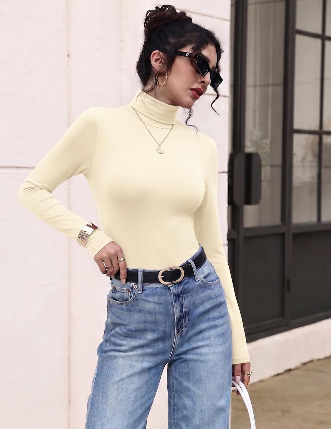 Zeagoo Damen Long Sleeve Shirt Rollkragen Slim Fit Basic Oberteile Elegant Hemd Tshirts Stretch Unte