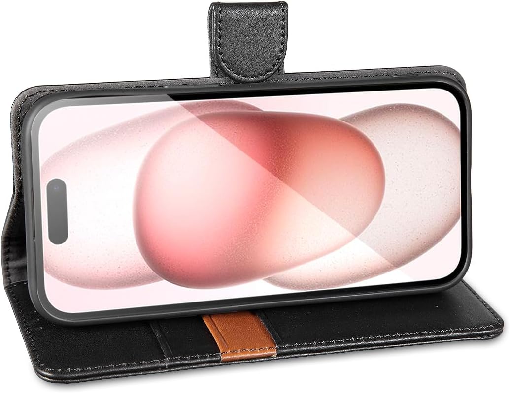 LENSUN Echtleder Hülle für iPhone 15, Handyhülle [Echtes Leder][Magnetverschluss][RFID Schutz] Handy